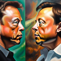 Half picture of Elon Musk other half of picture David Icke, each man is looking at each other with a questioning gaze as painted by michaelangelo 