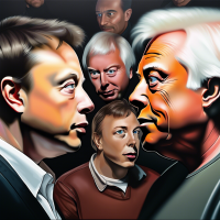 Side view long shot view Half picture of Elon Musk other half of picture David Icke, each man is looking at each other with a questioning gaze as painted by michaelangelo 