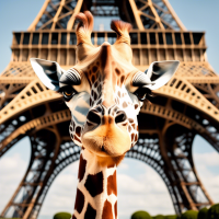 Giraffe standing in front of eiffel tower